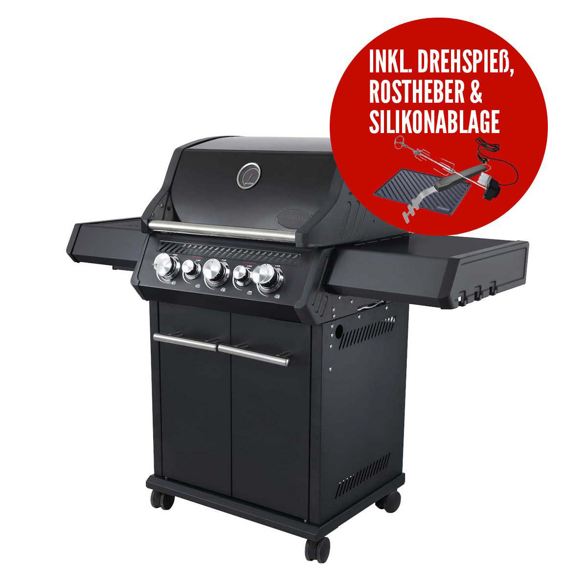 SANTOS Gasgrill S-318 | Seiten- & Heckbrenner, All Black inkl. Drehspieß, Rostheber & Silikonablage