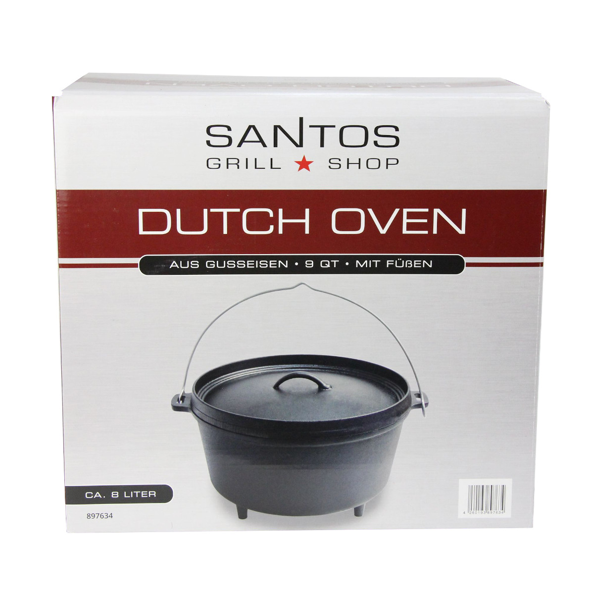 SANTOS Dutch Oven Feuertopf Schmortopf Camp Oven ca. 8 Liter / 9 Qt mit Füßen