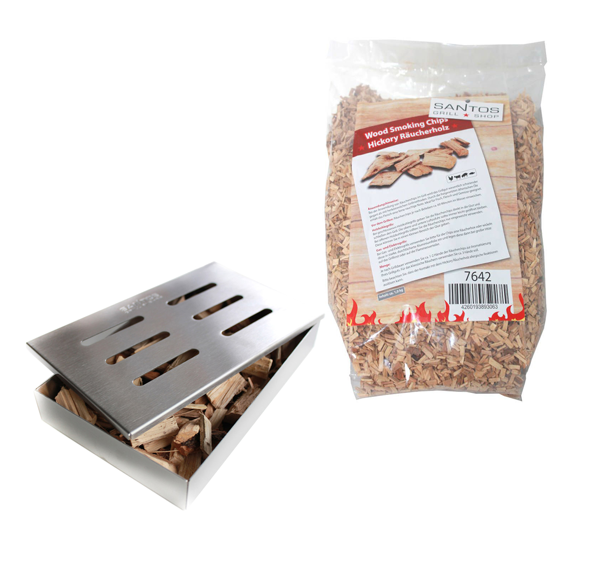 SANTOS Räucherbox aus Edelstahl | inkl. 1kg SANTOS Hickory Räucherchips SANTOS Räucherbox aus Edelstahl | inkl. 1kg SANTOS Hickory Räucherchips