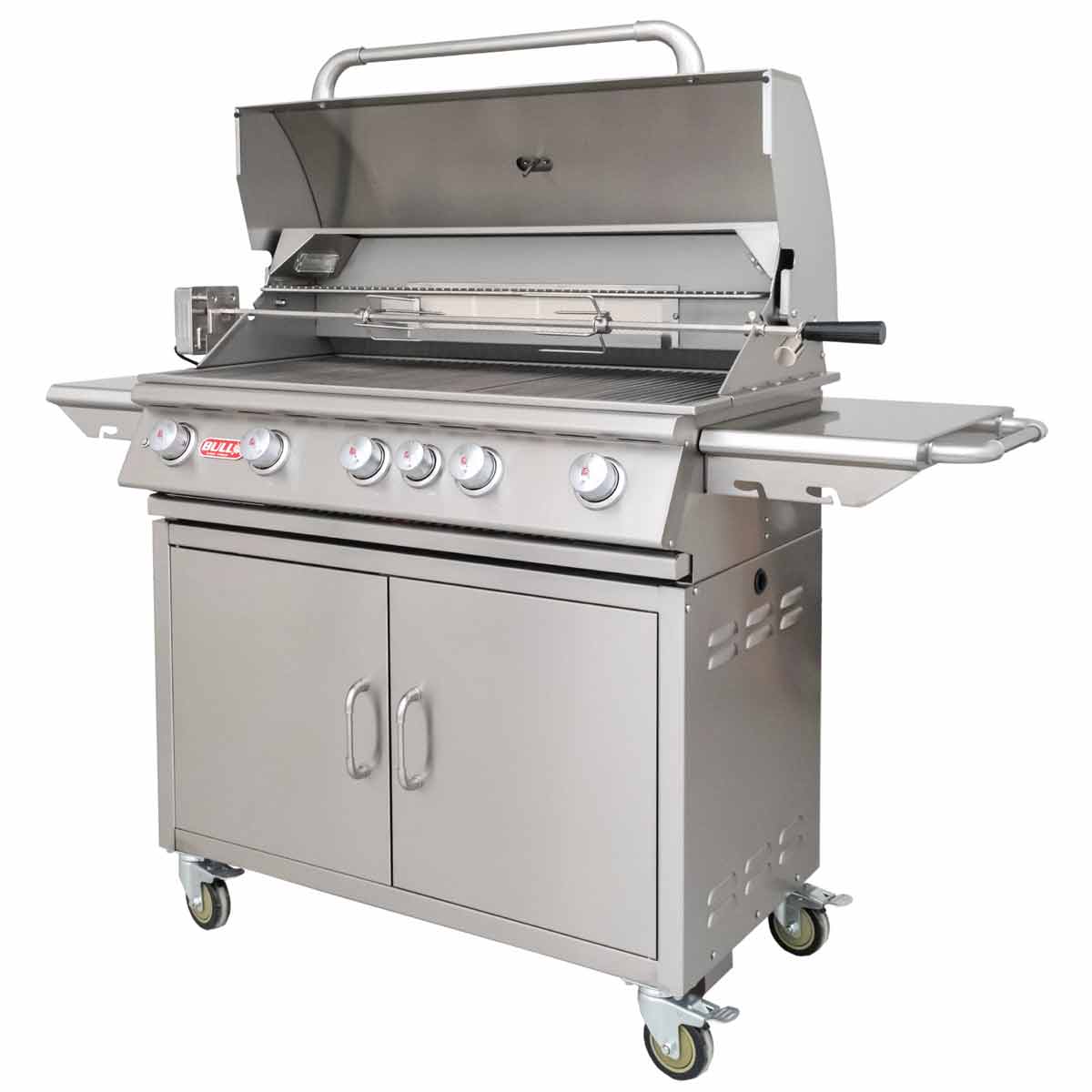 Bull Brahma Gasgrillstation | Infrarot Heckbrenner & Rotisserie | Edelstahl Bull Brahma Gasgrillstation mit geöffneter Grillhaube, Ansicht vorne rechts