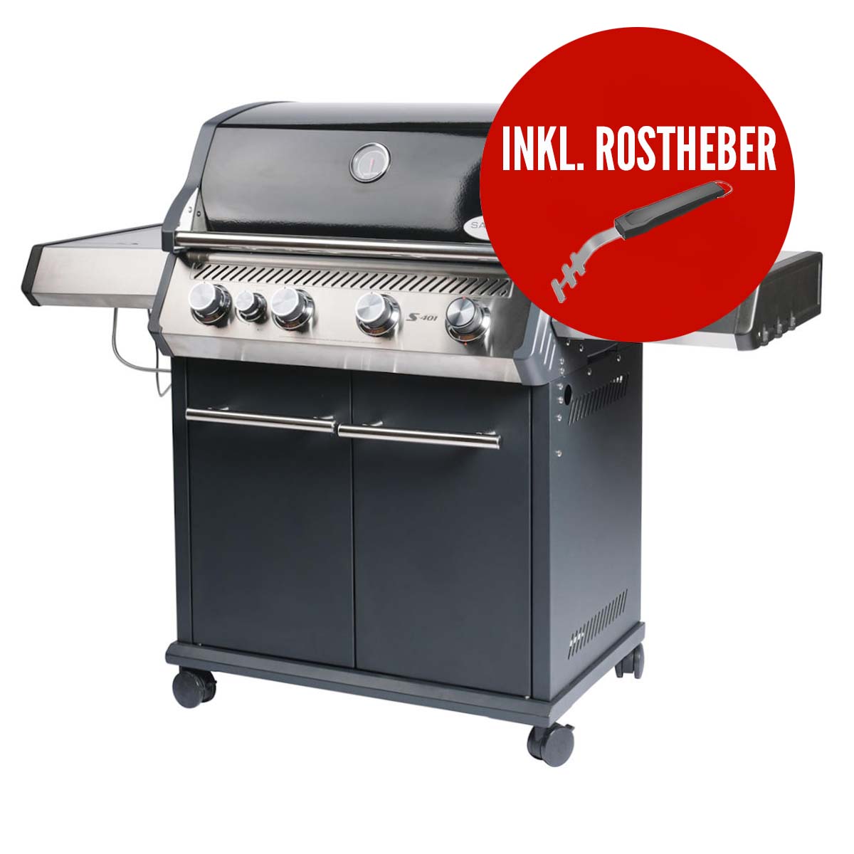 SANTOS Gasgrill S-401 mit Seitenkocher, Schwarz, Inkl. Rostheber