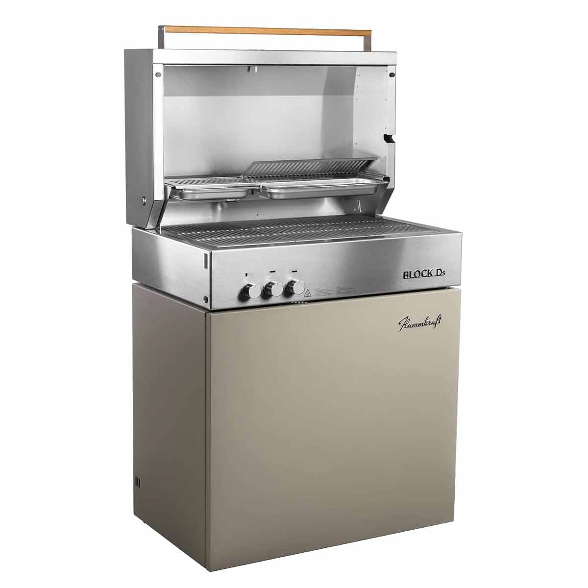 Flammkraft Block Ds Tiefumbra, mit geöffneter Grillhaube