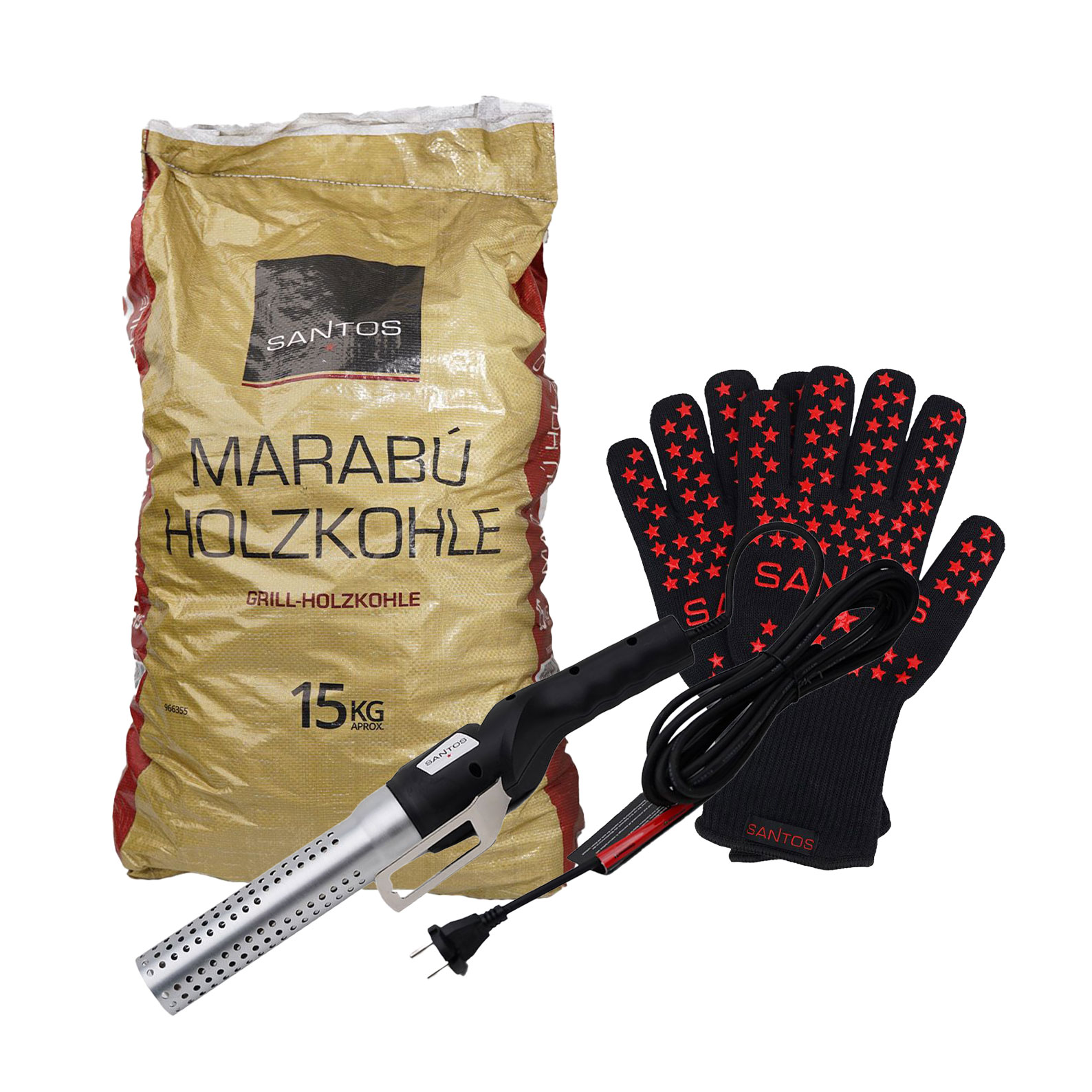 Santos Holzkohle-Set - Holzkohleanzünder, Grillkohle und Handschuhe  Santos Holzkohle-Set - Holzkohleanzünder, Grillkohle und Handschuhe