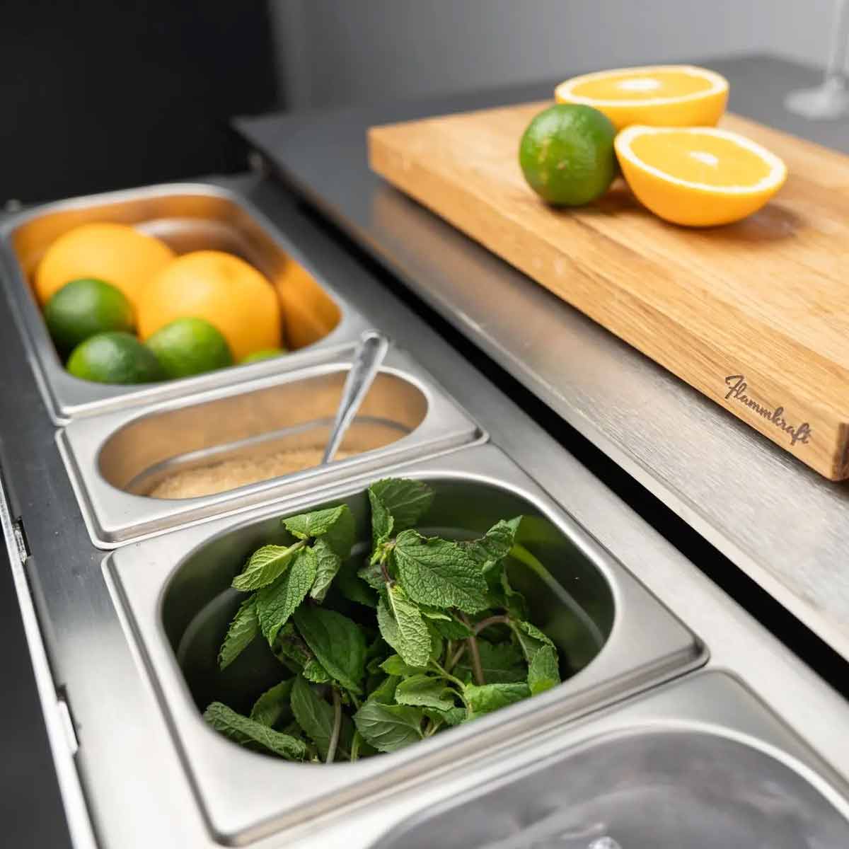 Flammkraft Block B, Flexibles Bar- und Kühlmodul, isolierte Schublade mit Edelstahlbehältern