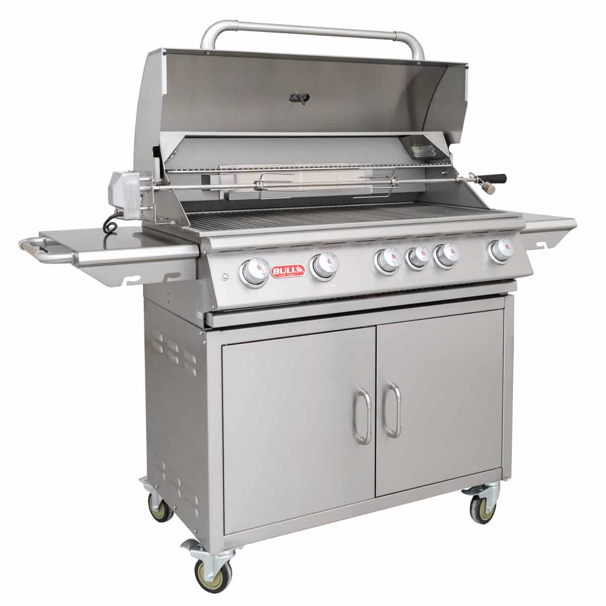 Bull Brahma Gasgrillstation | Infrarot Heckbrenner & Rotisserie | Edelstahl Bull Brahma Gasgrillstation mit geöffneter Grillhaube, Ansicht vorne links