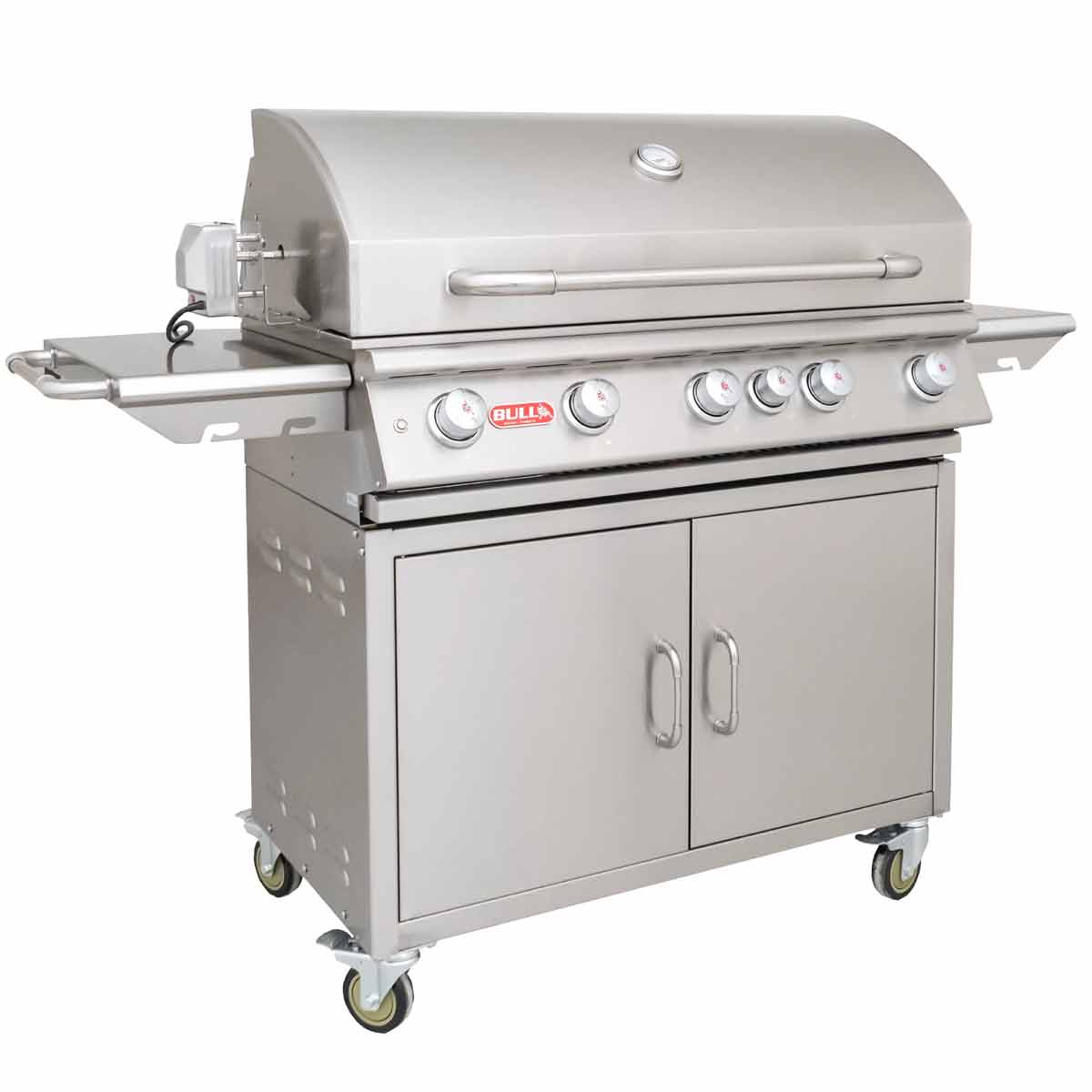 Bull Brahma Gasgrillstation | Infrarot Heckbrenner & Rotisserie | Edelstahl Bull Brahma Gasgrillstation, Ansicht vorne links