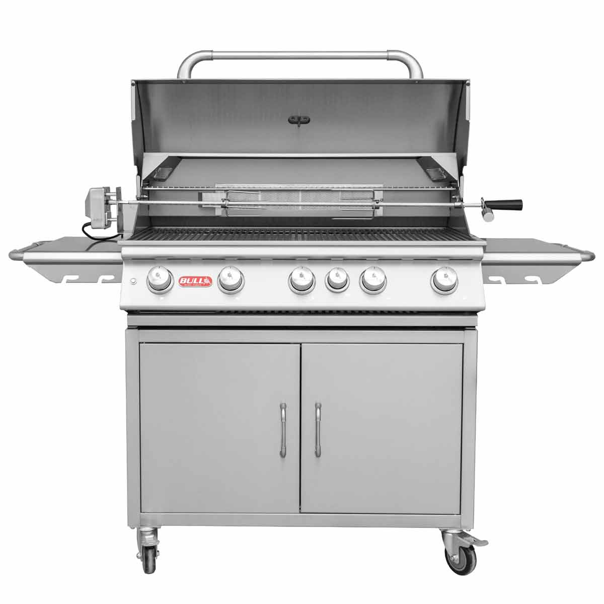 Bull Brahma Gasgrillstation | Infrarot Heckbrenner & Rotisserie | Edelstahl Bull Brahma Gasgrillstation mit geöffneter Grillhaube, Frontansicht