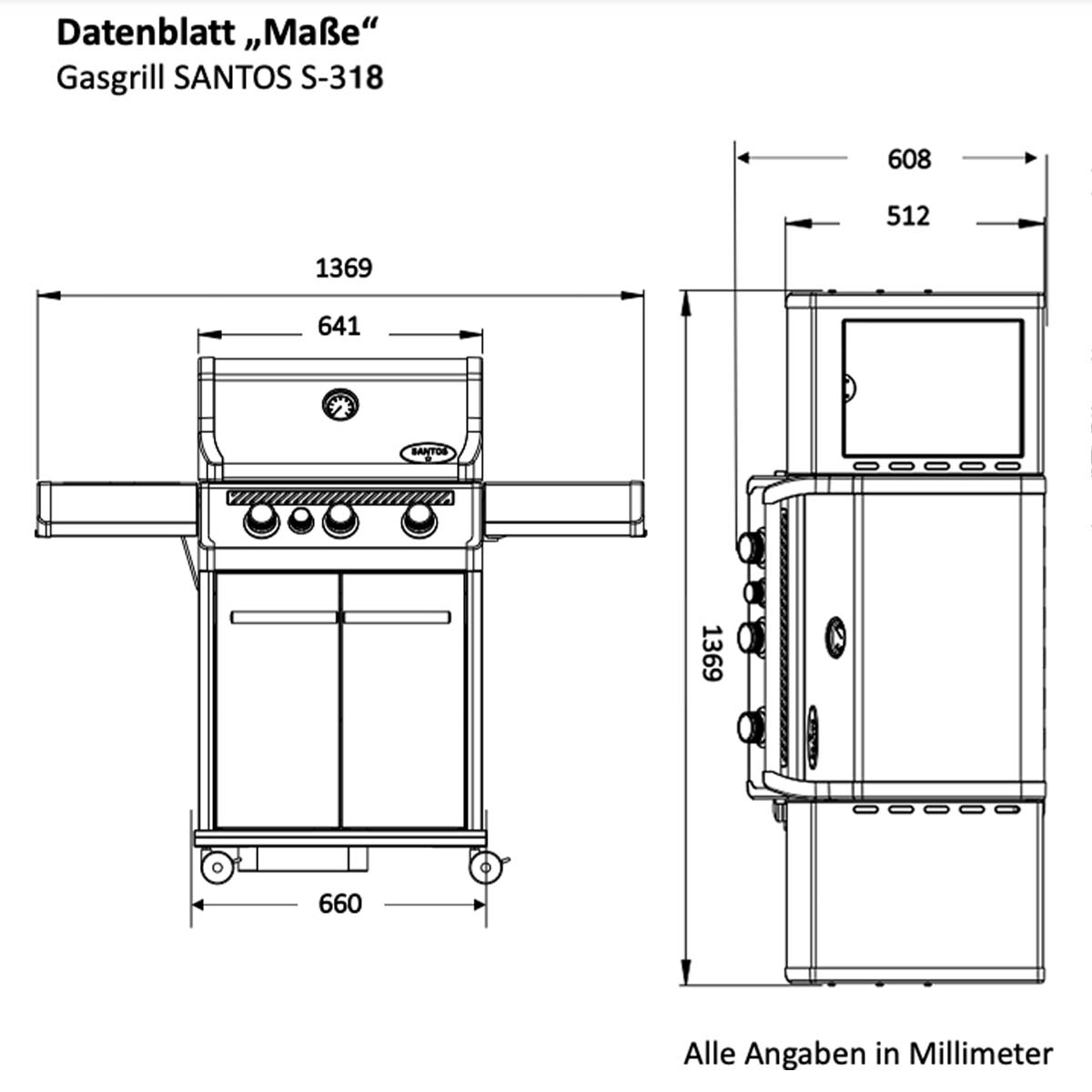 SANTOS Gasgrill S-318 | Seiten- & Heckbrenner, All Black inkl. Drehspieß, Rostheber & Silikonablage